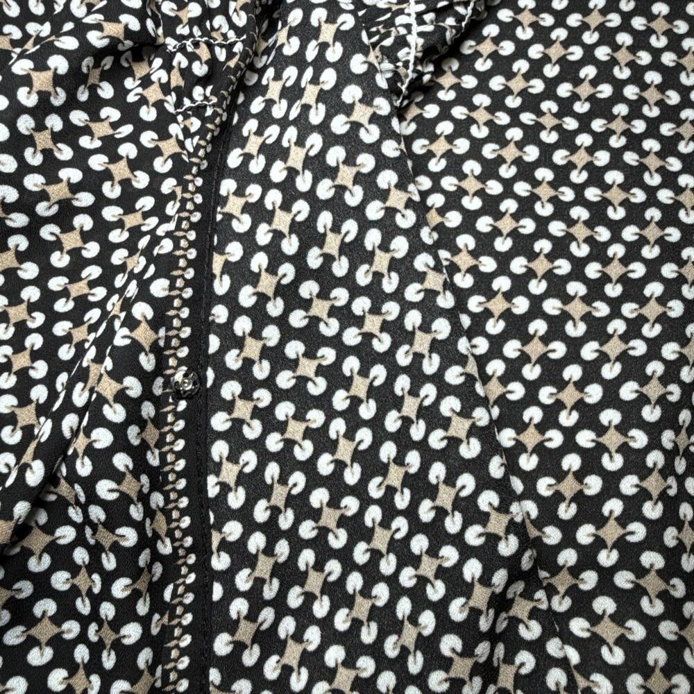 Max Studio Black Tan White Geo Print Elastic Cuff Pleated Blouse Tunic L Top EUC - Picture 12 of 16